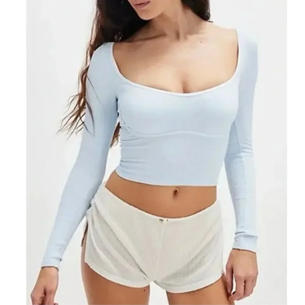 NWT Free People Intimately Light Blue Ribbed Long Sleeve Crop Top Layer Size M/L